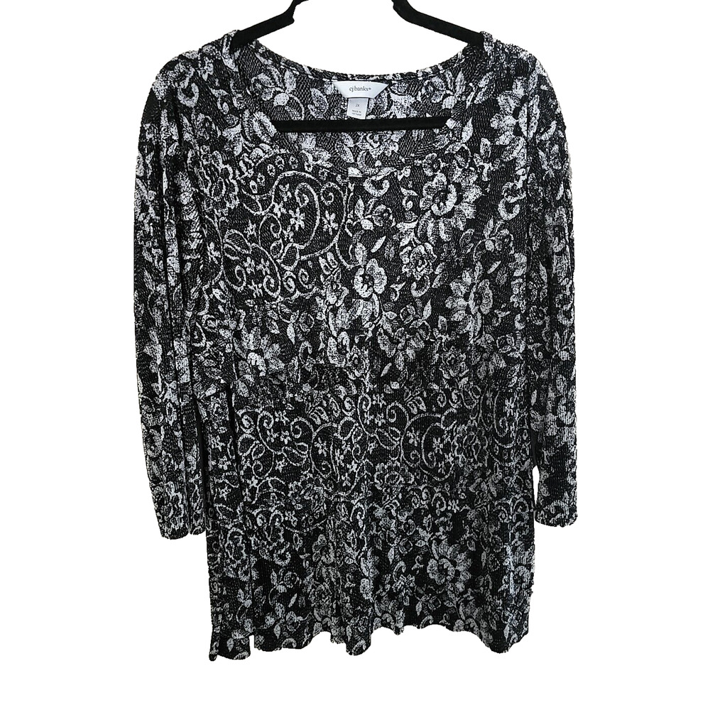 CJ Banks Black Floral Print Crinkle Ruffle Long Sleeve Tunic Top Womans Size 2X